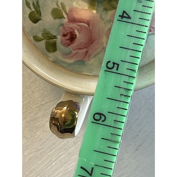 Hand Painted Porcelain Sugar Or Honey Bowl Lid Blue Pink Roses Gold Trim Signed - Picture 13 of 16